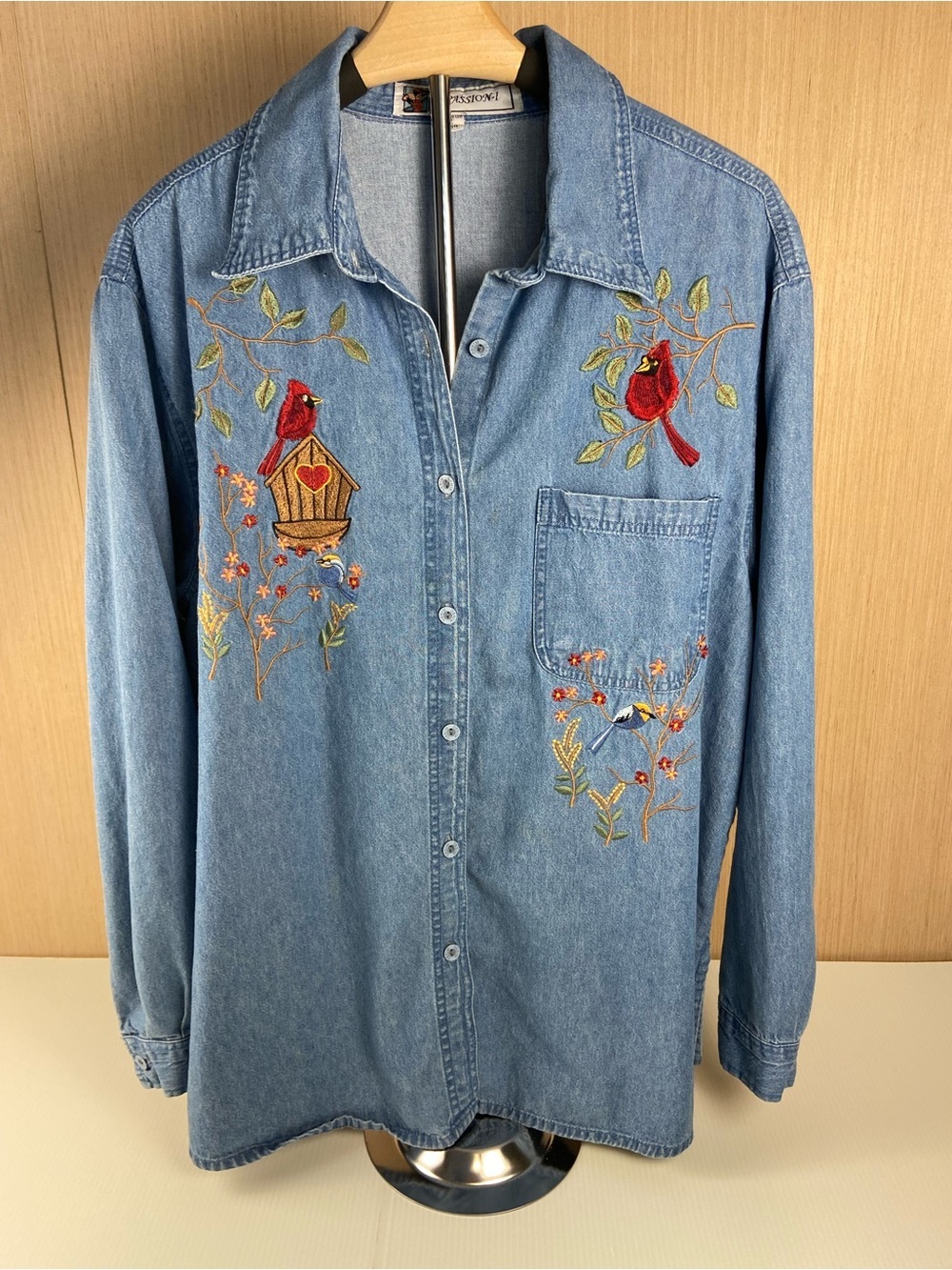 Passion-I 1X Cardinal Embroidered Button Down Denim Shirt
